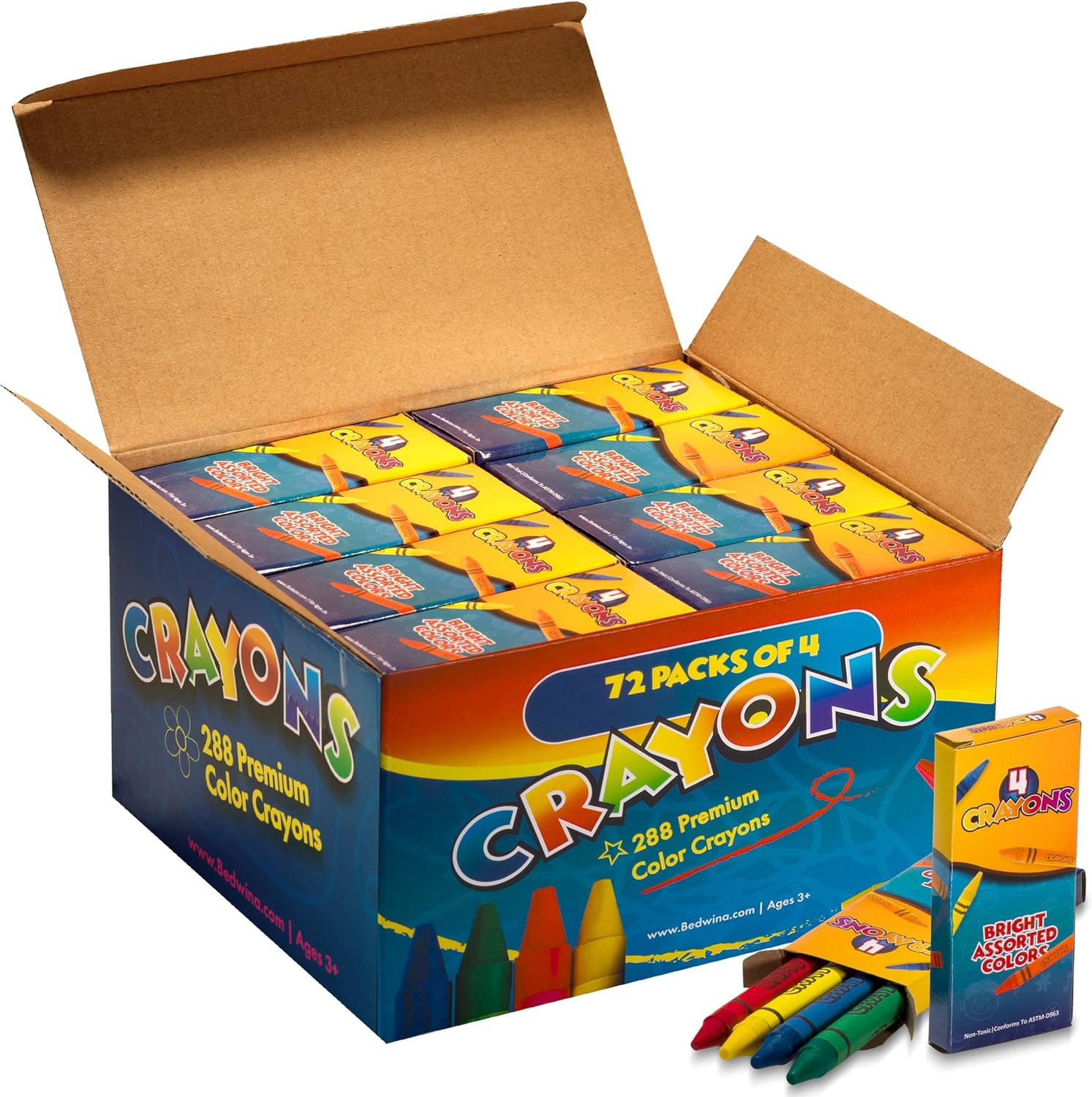 Bedwina 4-Piece Crayon Box for Kids' School Supplies and Art Supplies, 72 Bulk Pack