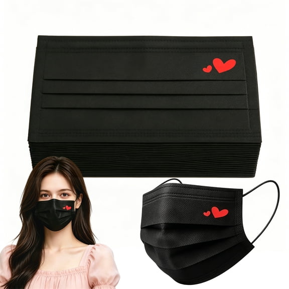 Bulk Disposable Face Masks 50 Pcs, Black with Red Hearts Print, Individually Packaged 3-Layer Breathable Earloop Masks for Adults Men & Women