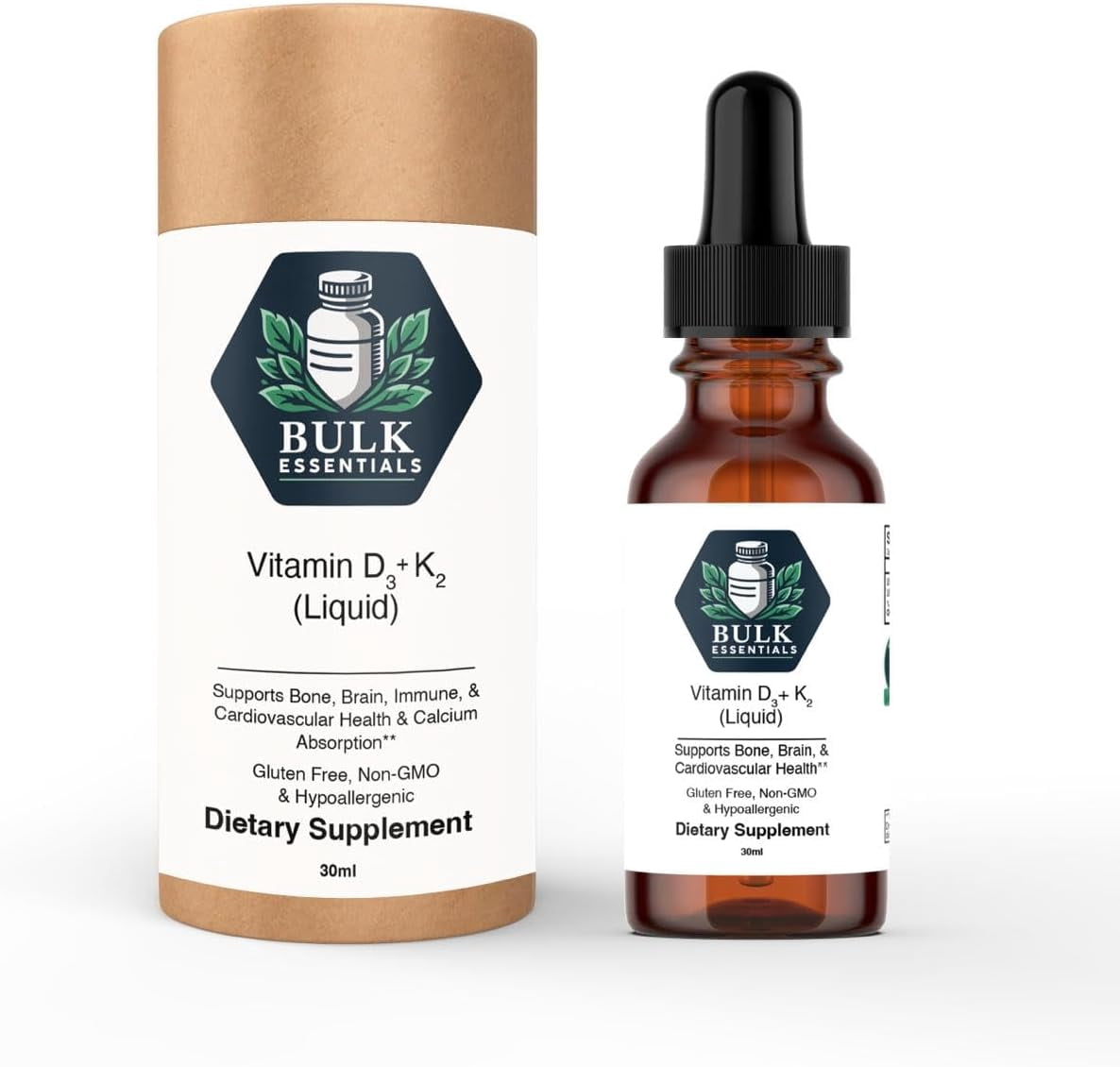 Bulk Essentials Pure Vitamin D3+K2 Drops with MCT Oil – 5000 IU Vit D3 & 120 mcg K2 for Bone, Heart & Immune Support – USA Made Supplements for Women & Men – Non-GMO & Gluten-Free, 30ml