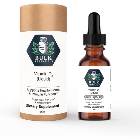 Bulk Essentials Pure Vitamin d3 Drops 1000 IU per Serving for Bone & Immune Support USA Made Liquid Vitamin D Supplements for Women & Men Non-GMO & Gluten-Free 30ml