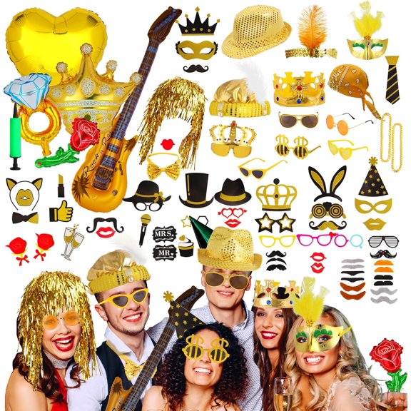 Bulk Gold Party Photo Booth Props Set for Adult, Funny Golden Photo Booth Glasses Hats Wig Props, Fun Party Pack Photo Booth Props Kit for New Year Party, Graduation, Birthday, Wedding, Bachelorette