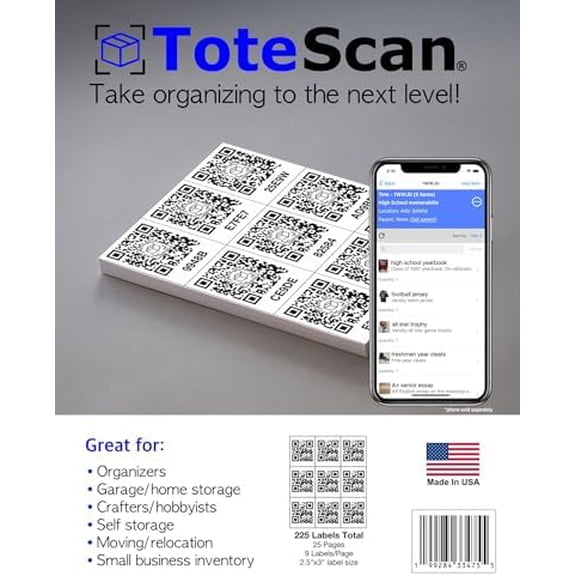 Bulk Intelligent QR Labels for Organization/Moving/Storage (25 Pages, 9 per Page, Total of 225 Unique Labels, 2.5"x3" Size)$$Office