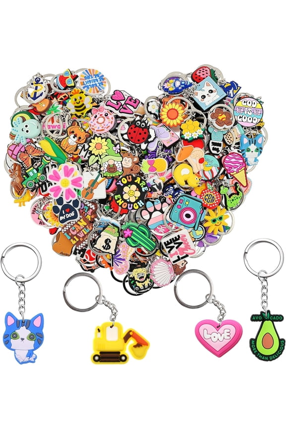 Bulk Keychains 100/200pcs Random Different Keychain Lot Lovely Cool Key Chains for Student Prize Birthday Gift Party Favor