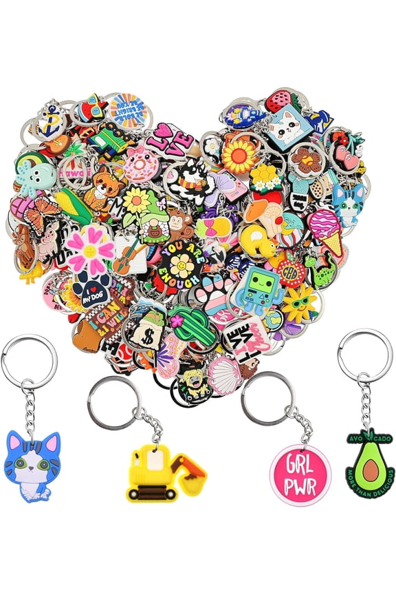 Bulk Keychains 100/200pcs Random Different Keychain Lot Lovely Cool Key Chains for Student Prize Birthday Gift Party Favor