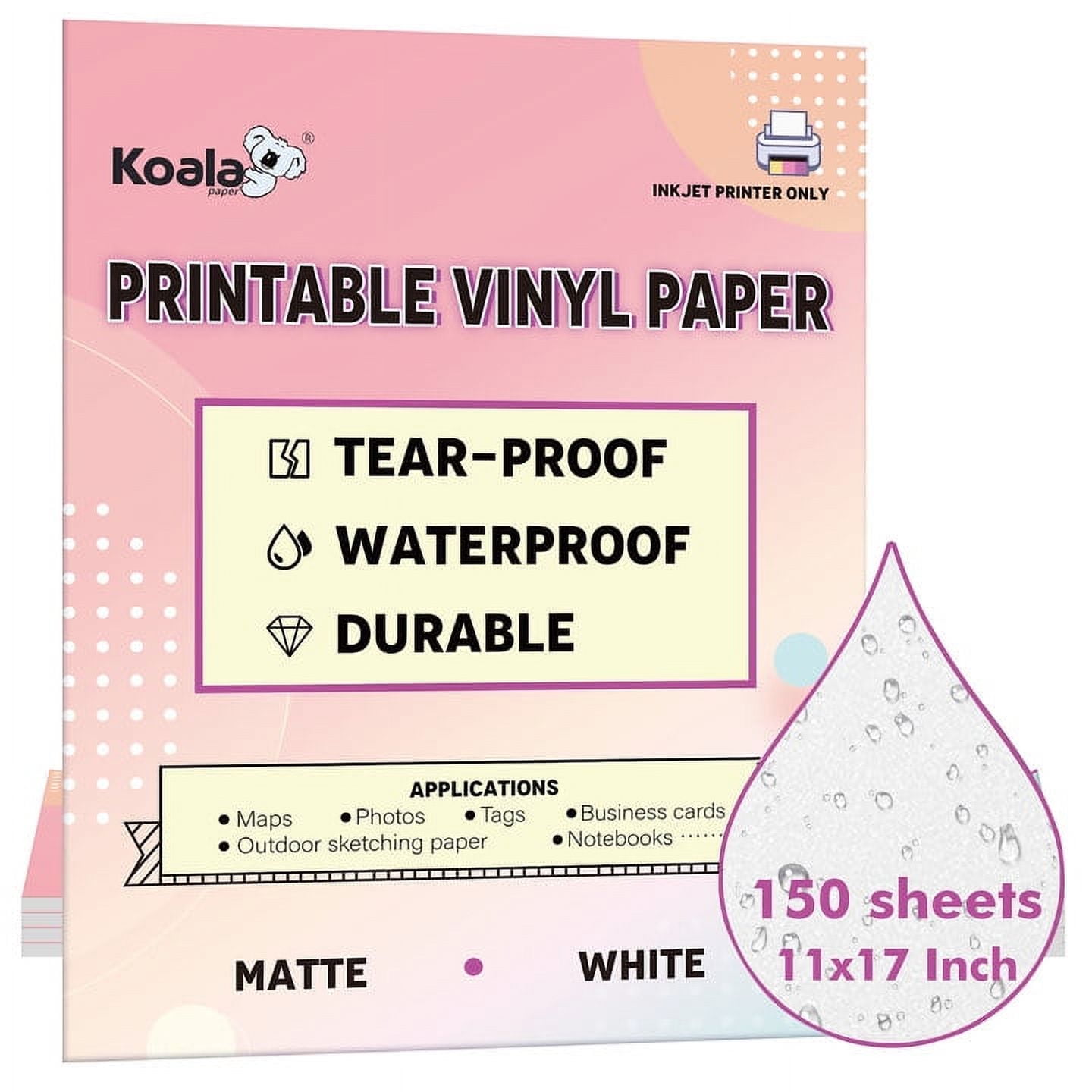 Bulk Koala Inkjet Waterproof Paper 11x17, 150 Sheets Matte White Printable Vinyl Printer, Synthetic Paper, Quick Drying, Non-Tearable Multipurpose Paper