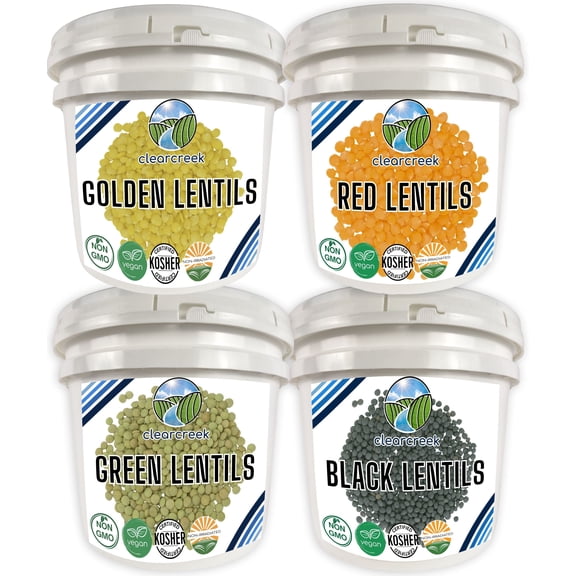 Clear Creek 100 LB Lentil Bundle: Beluga Lentils, Gold Lentils, Green Lentils, Red Lentils in 25 LB Buckets