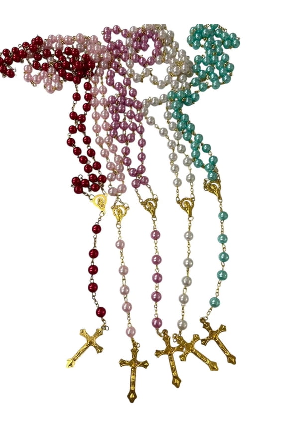 Bulk Mix 12 X Super Chic Mixed Color Rosary Necklace with Word Italy Cross for Baptism, First Communion/Religious Favor Free Gift Bag 19"