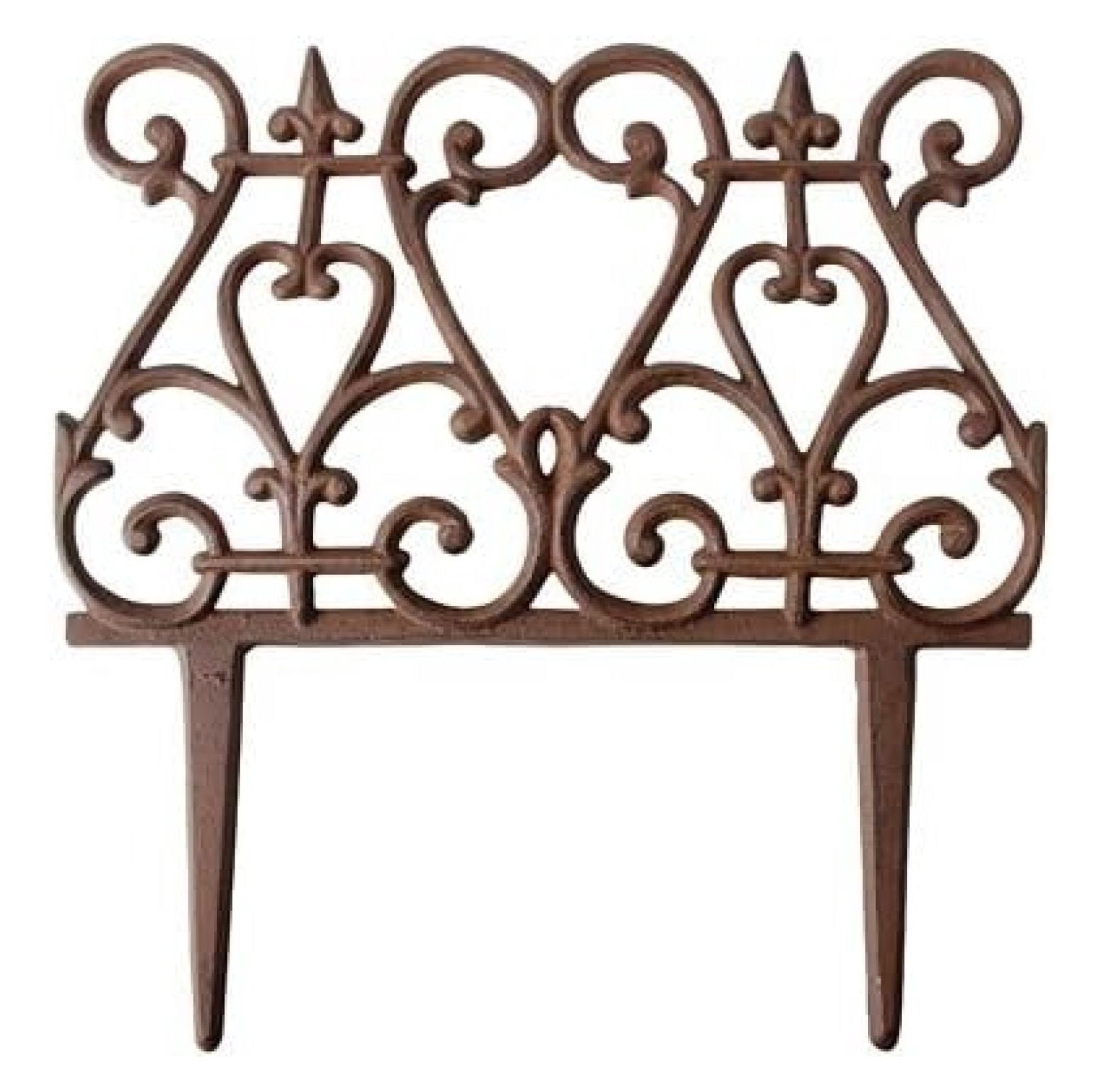 Bulk Pack of 12 Esschert Design Scroll Garden Fence Pieces, 11" H – Cast Iron Decorative Border Edging with Scroll & Finial Design, Rust Finish – Landscape or Flower Bed Fencing