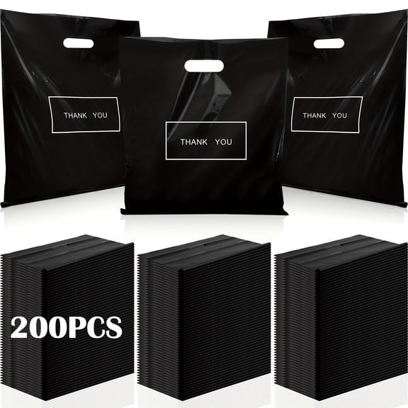 Bulk Pack of 200 Large Black Thank You Bags - 12 X 16 Inches, Made from Thick Reusable Plastic with Handles Sturdy And Durable Shopping Bags Perfect for Retail Gifts, Goodie Bags