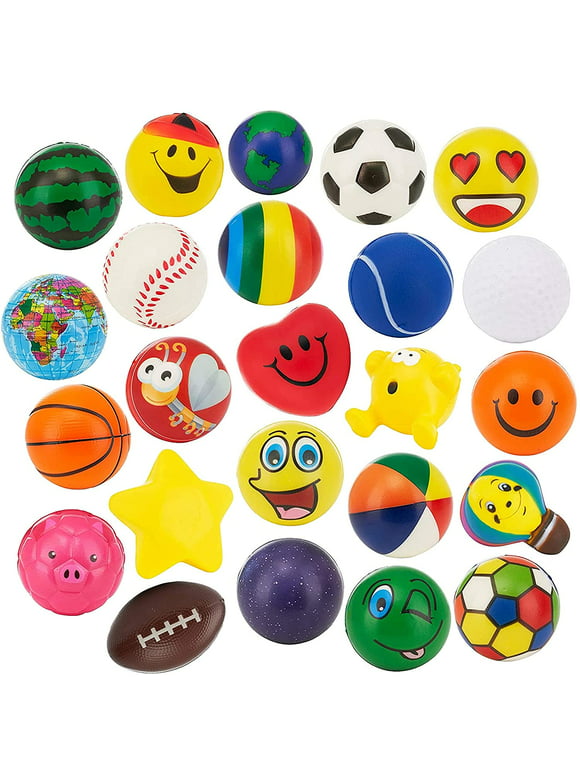 Bulk Pack of 24 Mini Stress Balls for Kids and Adults - 2.5" Treasure Box Classroom Prizes, Party Favors, or Just to De-Stress - Assorted Designs and Colors (2 Dozen)