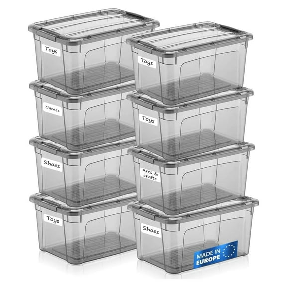 Bulk Plastic Latching Storage Container Bin With With Lids For Organizing - Tinted - Made in (8 Pack, 6 Quarts)