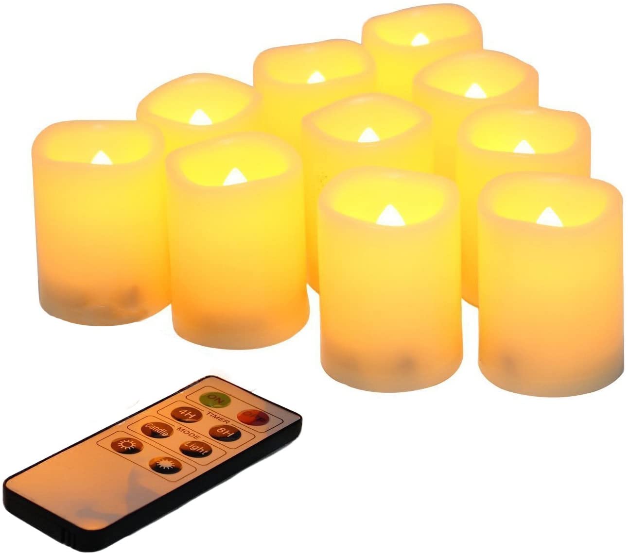 Bulk Set of 10 Flameless Votive Candles With Remote Control and Timer