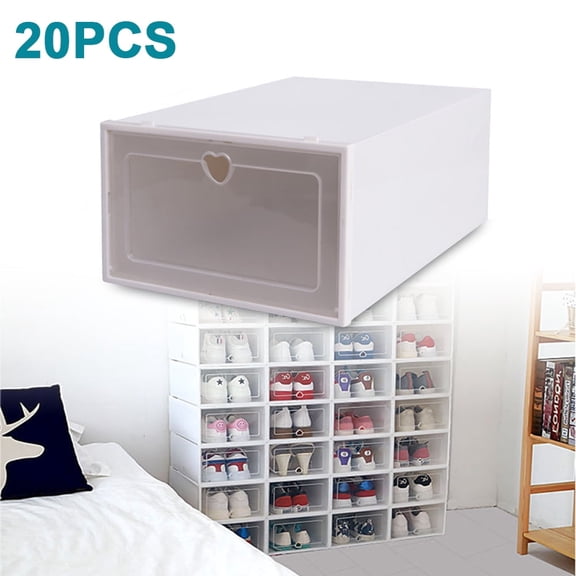 Bulk Stackable Shoe Boxes 20ct - Extra Thick Cream Color with Heart Decor (12156 Inches)