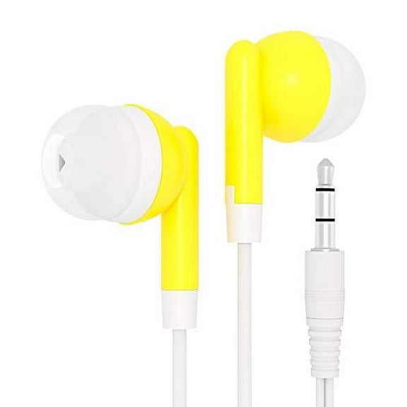 Bulk Wholesale Lot Kids Earbuds Headphones Earphones for Schools, Libraries, Hospitals, Gifts Individually Bagged (100 Pack, Yellow)