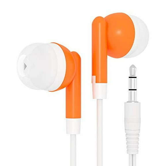 Bulk Wholesale Lot Kids Earbuds Headphones Earphones for Schools, Libraries, Hospitals, Gifts Individually Bagged (50 Pack, Orange)