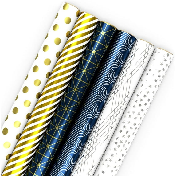 Bulk Wrapping Paper Rolls for Birthday, Wedding, Graduation – Blue Metallic Gift Wrap (Set of 6 Rolls: 180 Square Feet Total) Silver Stars, Gold Dots, Stripes, Navy