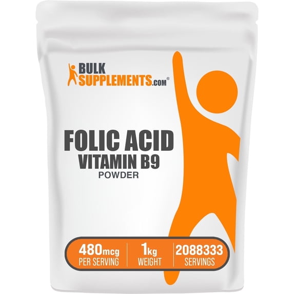 BulkSupplements Folic Acid (Vitamin B9) Powder - Pure, 480mcg per Serving - 1 Kilogram (2.2 lbs) - Multiple Servings