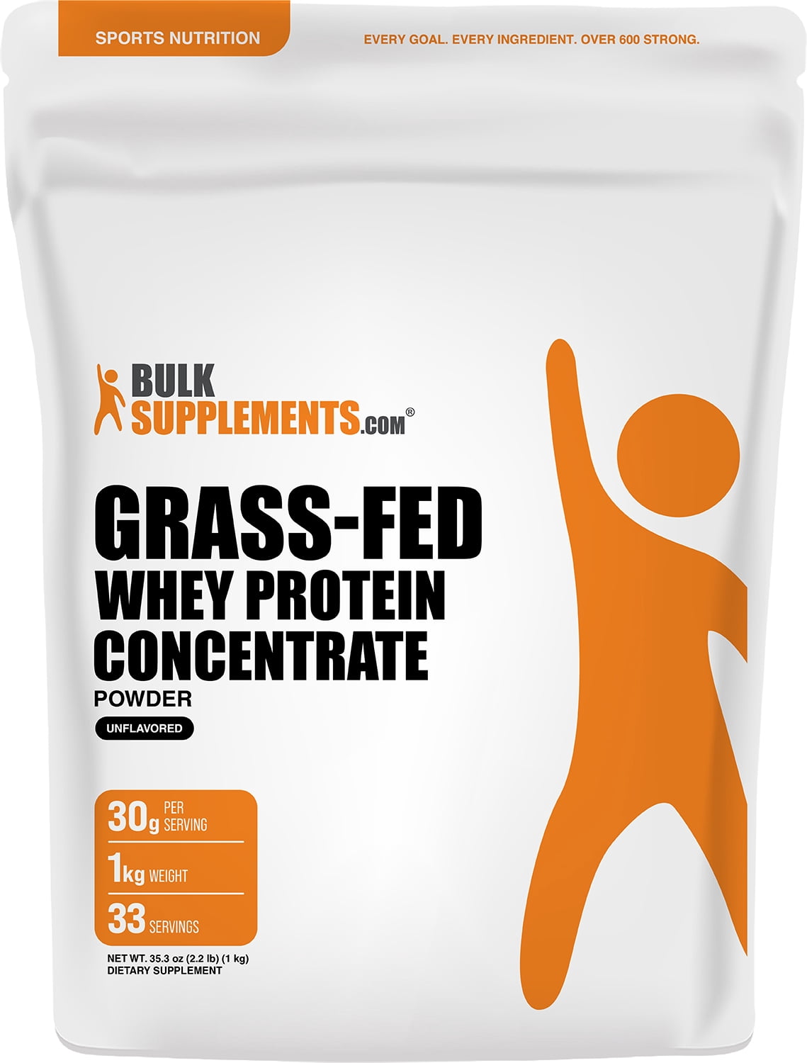 BulkSupplements Grass-Fed Whey Protein Powder - Whey Protein Concentrate, Protein Supplement - Unflavored, 1kg (2.2 lbs)