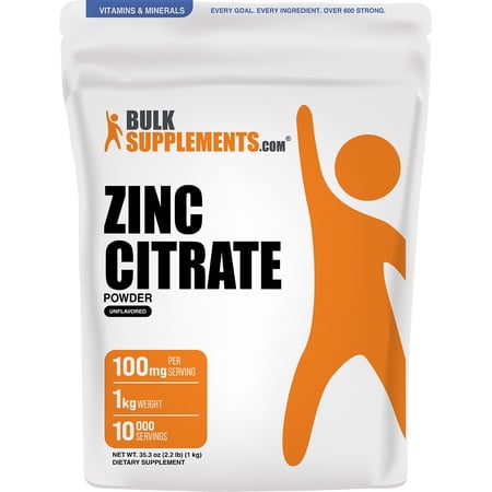BulkSupplements Zinc Citrate Powder - Gluten Free, 1 Kilogram (2.2 lbs)