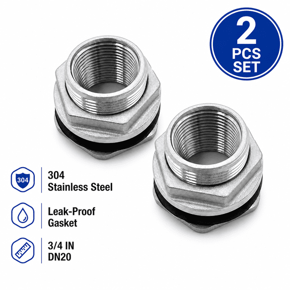 Bulkhead Fitting for Rain Barrel Water Tank, 3/4 Inch, Silver, 2Pcs
