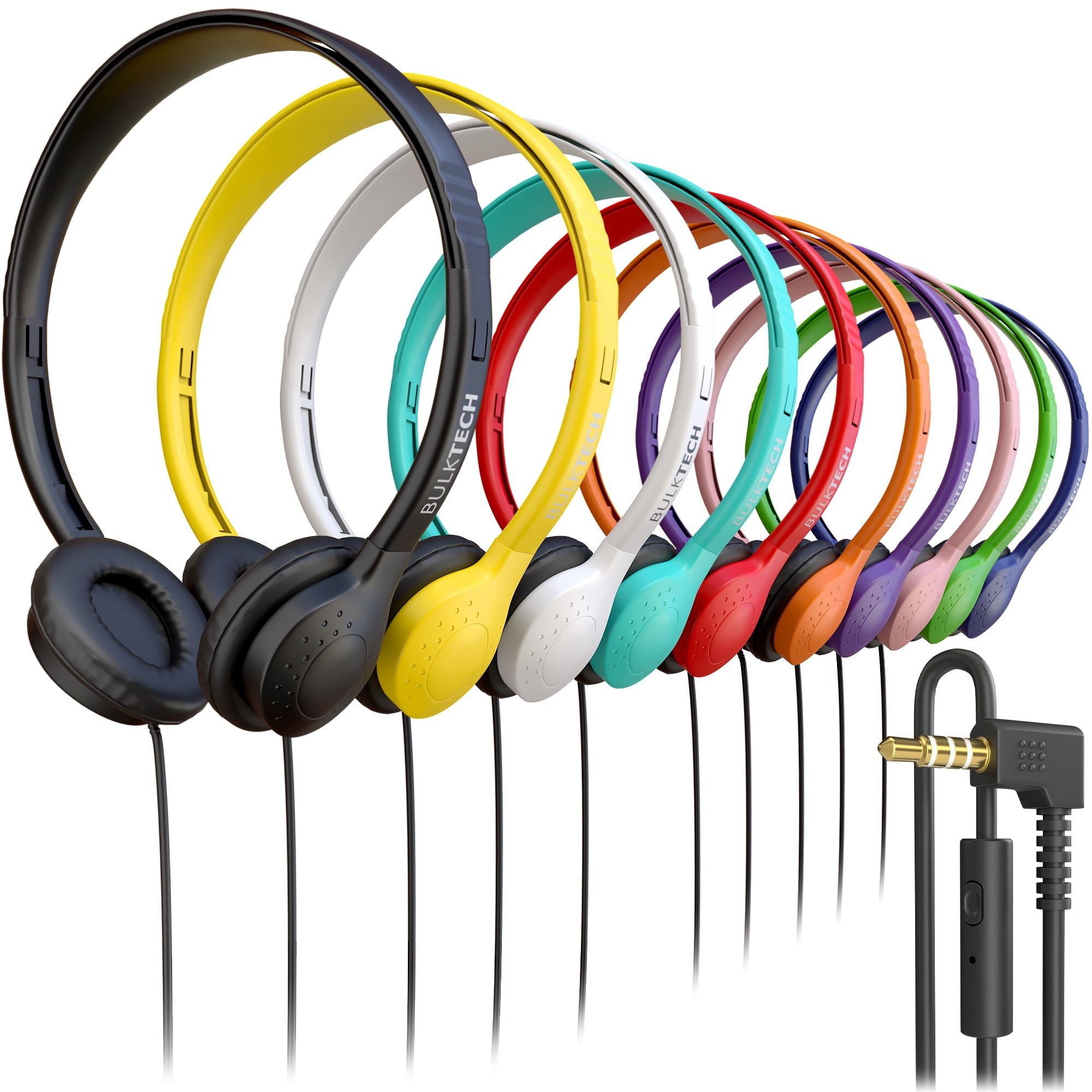 Bulktech Wired On-Ear Headphones with 3.5mm Connector, Microphone with Built-in Remote to Control Music, Phone Calls, Bulk Wholesale, 300 Pack, Assorted Colors