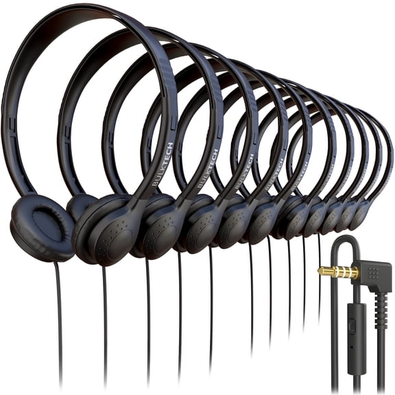 Bulktech Wired On-Ear Headphones with 3.5mm Connector, Microphone with Built-in Remote to Control Music, Phone Calls, Bulk Wholesale, 300 Pack, Black Color