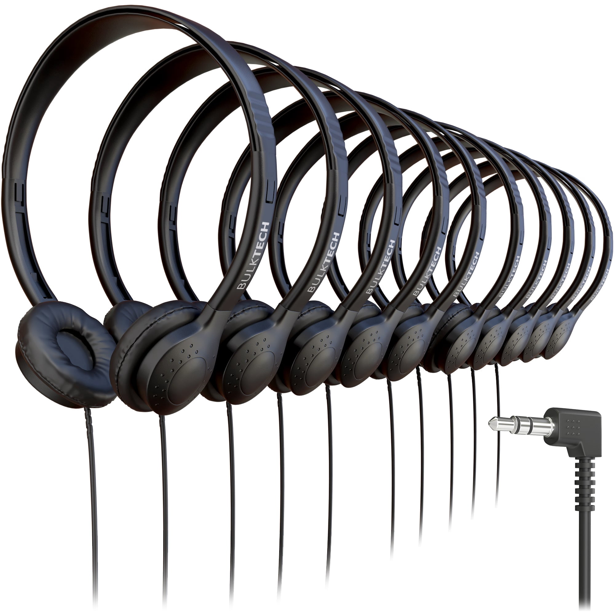 Bulktech Wired On-Ear Leather Headphones with 3.5mm Connector, Bulk Wholesale, 10 Pack, Black Color