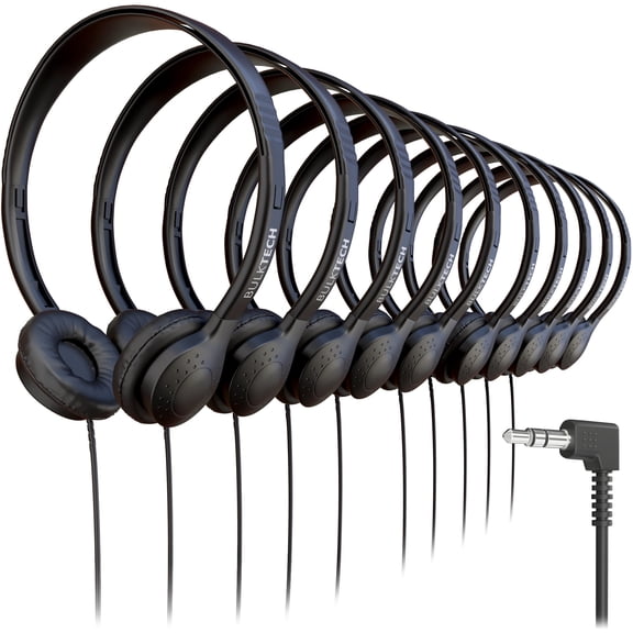 Bulktech Wired On-Ear Leather Headphones with 3.5mm Connector, Bulk Wholesale, 200 Pack, Black Color
