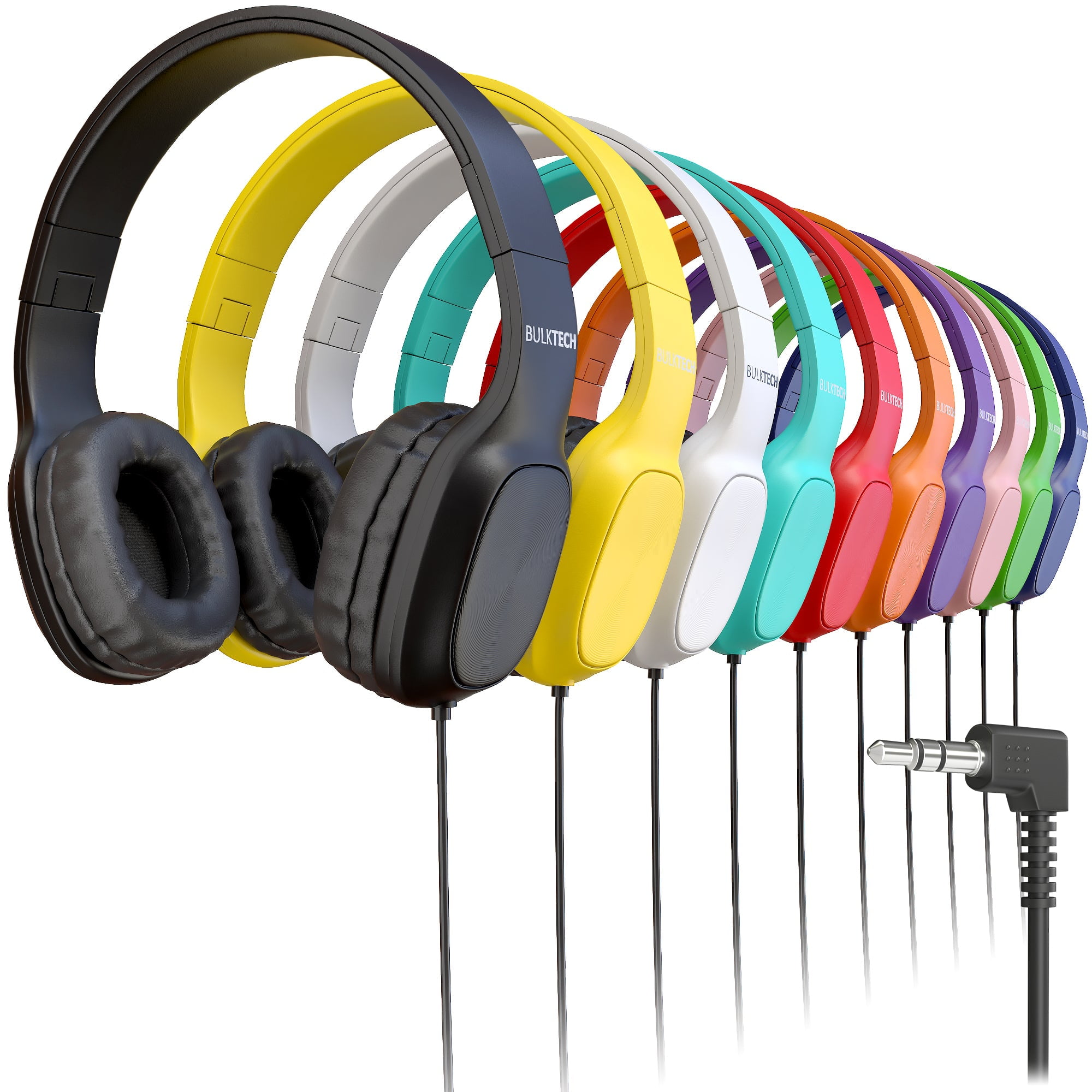 Bulktech Wired On-Ear Leather Headphones with 3.5mm Connector, Oval Metal Housing, Bulk Wholesale, 100 Pack, Assorted Colors