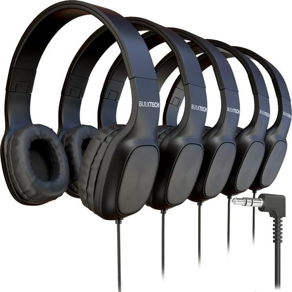 Bulktech Wired On-Ear Leather Headphones with 3.5mm Connector, Oval Metal Housing, Bulk Wholesale, 30 Pack, Black Color