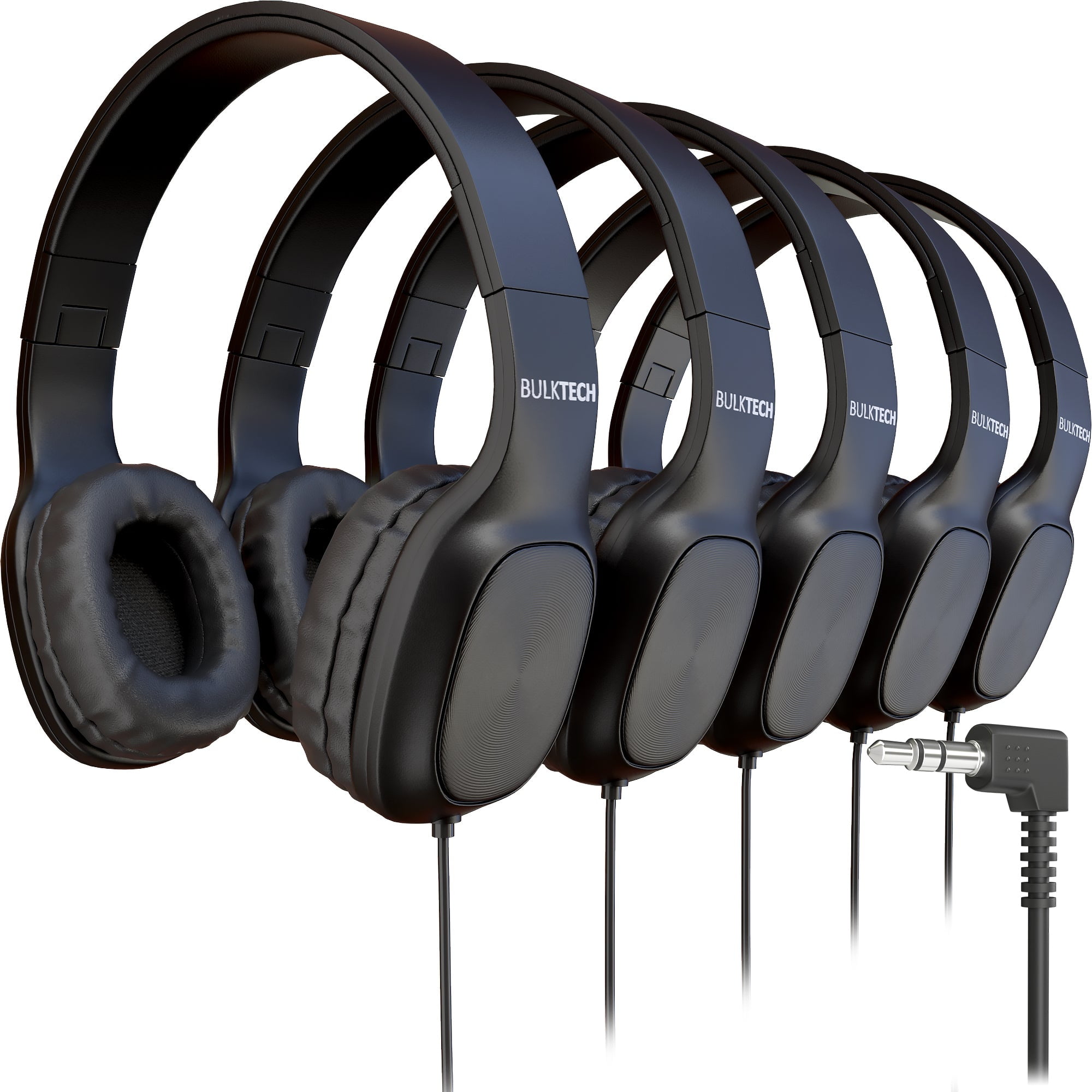Bulktech Wired On-Ear Leather Headphones with 3.5mm Connector, Oval Metal Housing, Bulk Wholesale, 5 Pack, Black Color