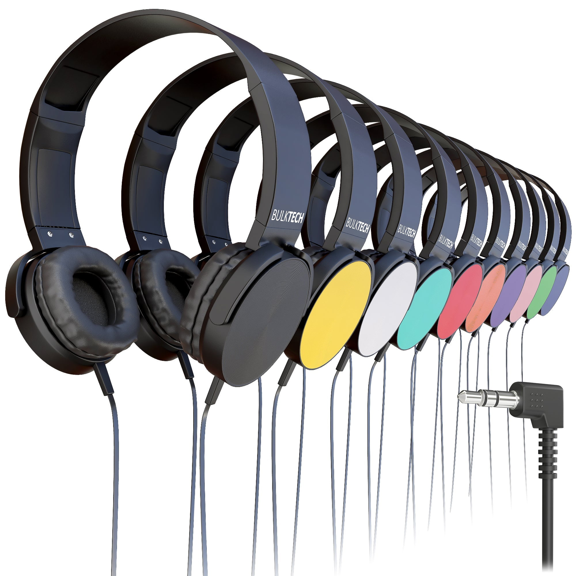 Bulktech Wired On-Ear Leather Headphones with 3.5mm Connector, Round Metal Housing, Bulk Wholesale, 40 Pack, Assorted Colors
