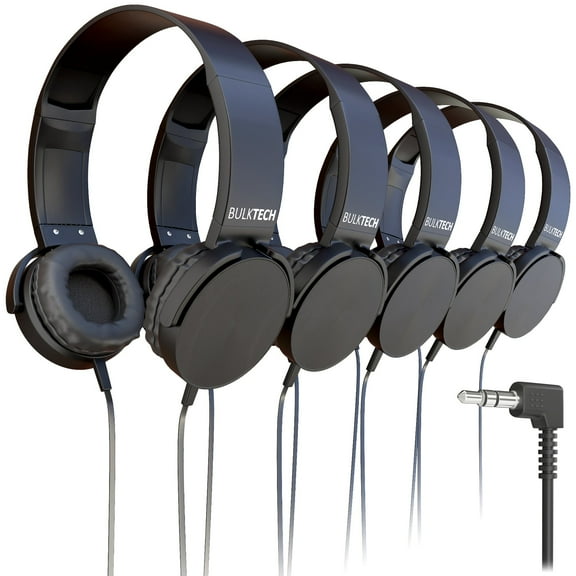 Bulktech Wired On-Ear Leather Headphones with 3.5mm Connector, Round Metal Housing, Bulk Wholesale, 5 Pack, Black Color