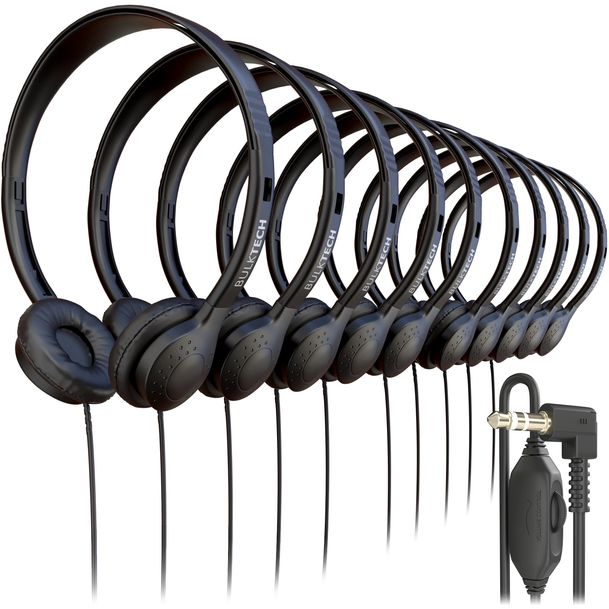 Bulktech Wired On-Ear Leather Headphones with 3.5mm Connector and Remote Control for Volume, Bulk Wholesale, 10 Pack, Black Color