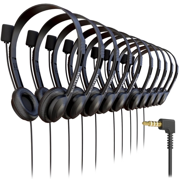 Bulktech Wired On-Ear Leather Headsets with Boom Microphone and 3.5mm Connector, Bulk Wholesale, 30 Pack, Black Color
