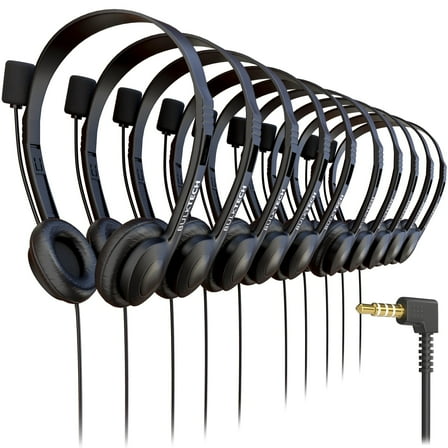Bulktech Wired On-Ear Leather Headsets with Boom Microphone and 3.5mm Connector, Bulk Wholesale, 40 Pack, Black Color