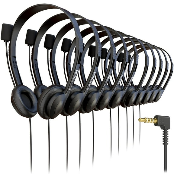 Bulktech Wired On-Ear Leather Headsets with Boom Microphone and 3.5mm Connector, Bulk Wholesale, 400 Pack, Black Color