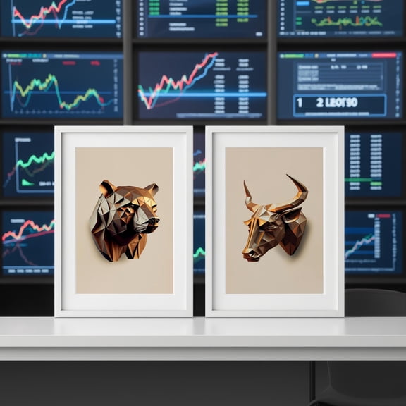 Bull And Bear Geometric Trading Stock Market For Office Investor Forex Crypto Poster, Set 2, Poster Only