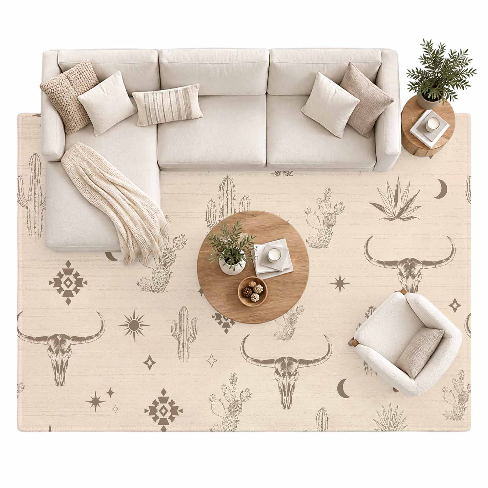 Bull Area Rug 8'x10', Western Brown Longhorn Cactus Crescent Moon Stars ...