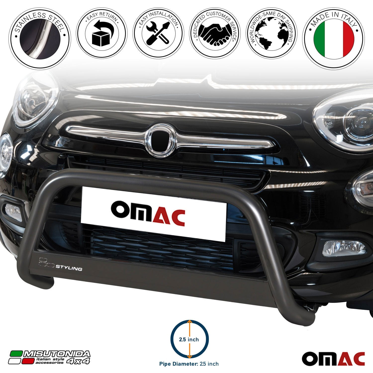 Omac for Fiat 500X 2016 2018 Black Stainless Steel Bull Bar Front Bumper Grill Guard