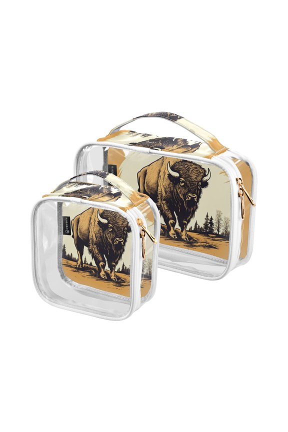 Bull Bison Trees Clear Cosmetic Bags with Handles PVC Toiletry Bags Zipper Waterproof Portable for Traveling 2 Pcs