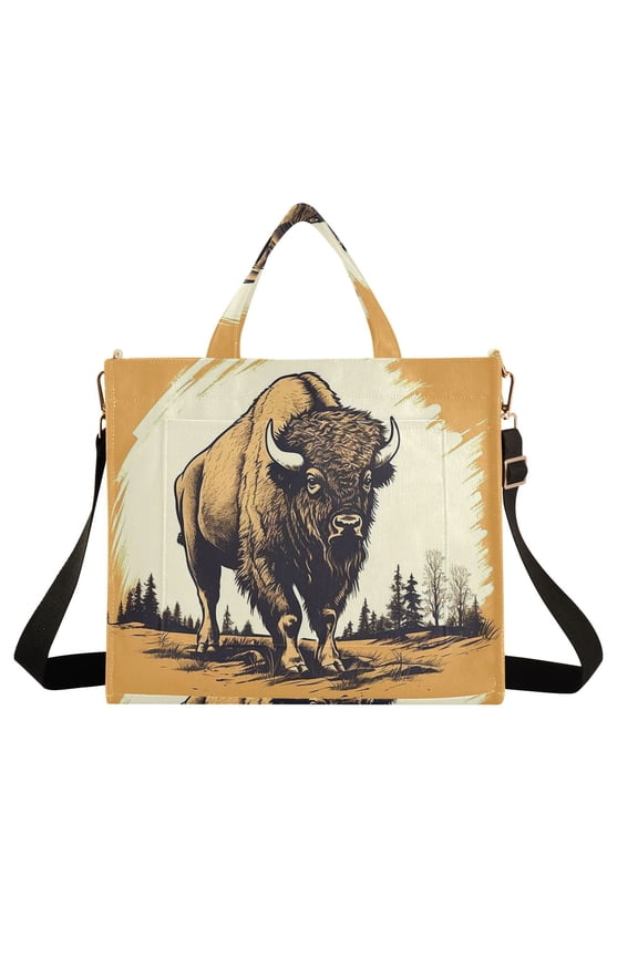Bull Bison Trees Corduroy Tote Bag Handbag Large Messenger Bag Shoulder Crossbody Zipper Bag Purse