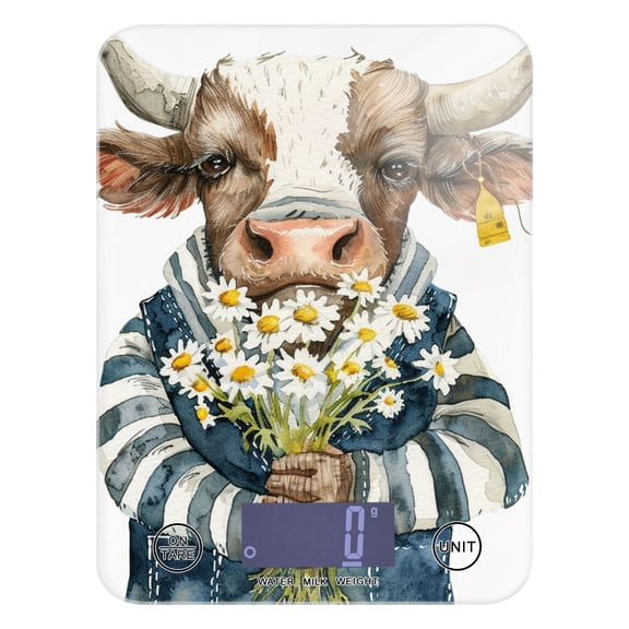 Bull Cow Daisies Food Scale Digital Kitchen Scale Waterproof Tempered Glass Tare Function 11 lb for Baking Cooking Meal Prep