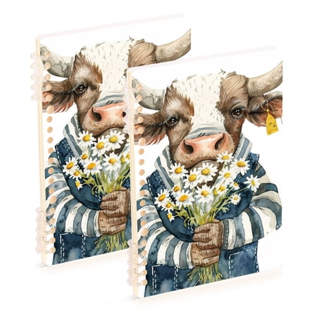 Bull Cow Daisies Ring Binder Notebook Journey Note Diary College Ruled Spiral Notebook Study Loose Leaf Paper A5 60 Pages