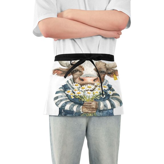 Bull Cow with Daisies Server Apron with 3 Pockets Waterproof Waitress Waist Short Apron for Man Woman 12 Inches