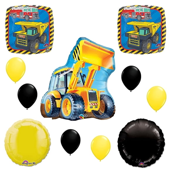 Bull DOZER Construction TRUCKS Yellow Black BIRTHDAY Party MYLAR + Latex Balloons Set