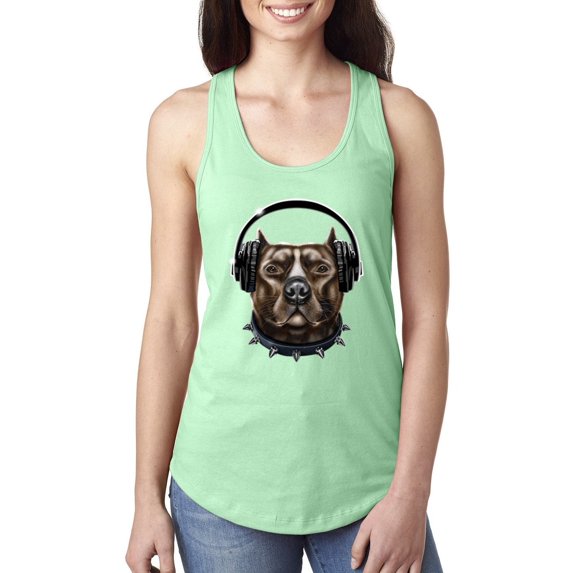 Bull Dog, Spiked Collar, and Headphones Animal Lover Ladies Racerback Tank Top