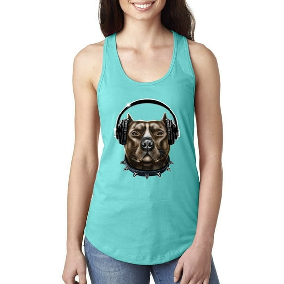 Bull Dog, Spiked Collar, and Headphones Animal Lover Ladies Racerback Tank Top