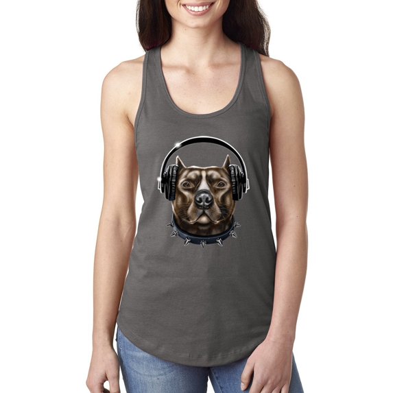 Bull Dog, Spiked Collar, and Headphones Animal Lover Ladies Racerback Tank Top