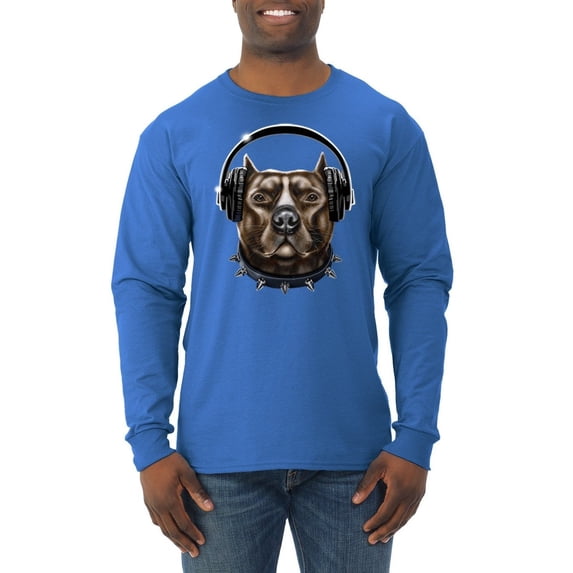 Bull Dog, Spiked Collar, and Headphones Animal Lover Mens Long Sleeve Shirt